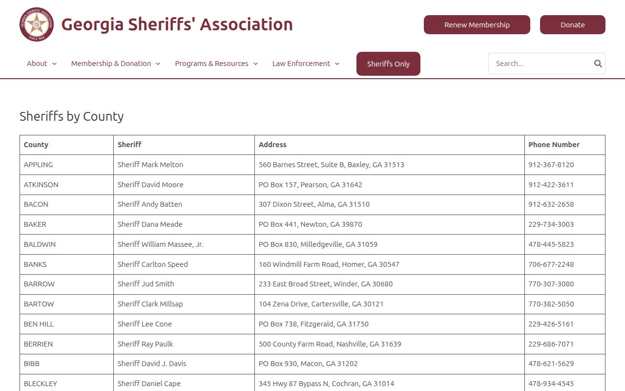 Georgia Sheriffs Association directory entry for Clay County
