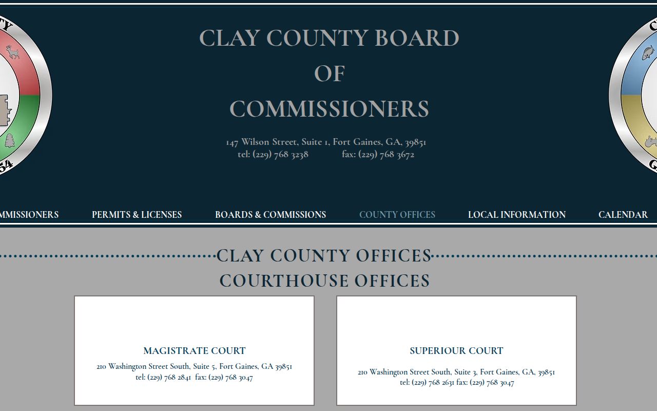Clay County offices directory showing court suites and Sheriff contact